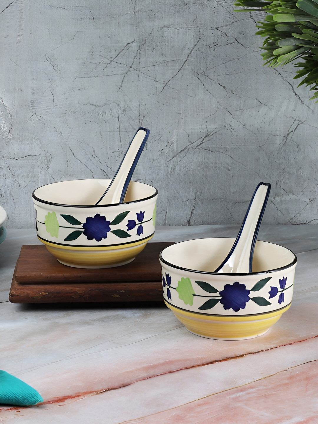The Decor Lane Beige & Blue 2 Pieces Ceramic Soup Bowls with Matching Spoons