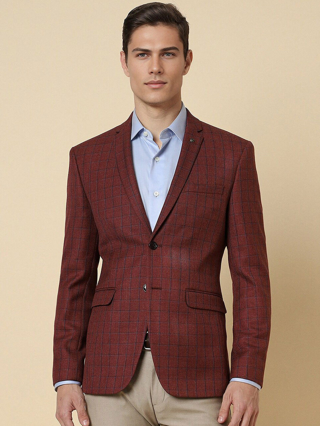 Allen Solly Slim Fit Check Notched Lapel Formal Blazer