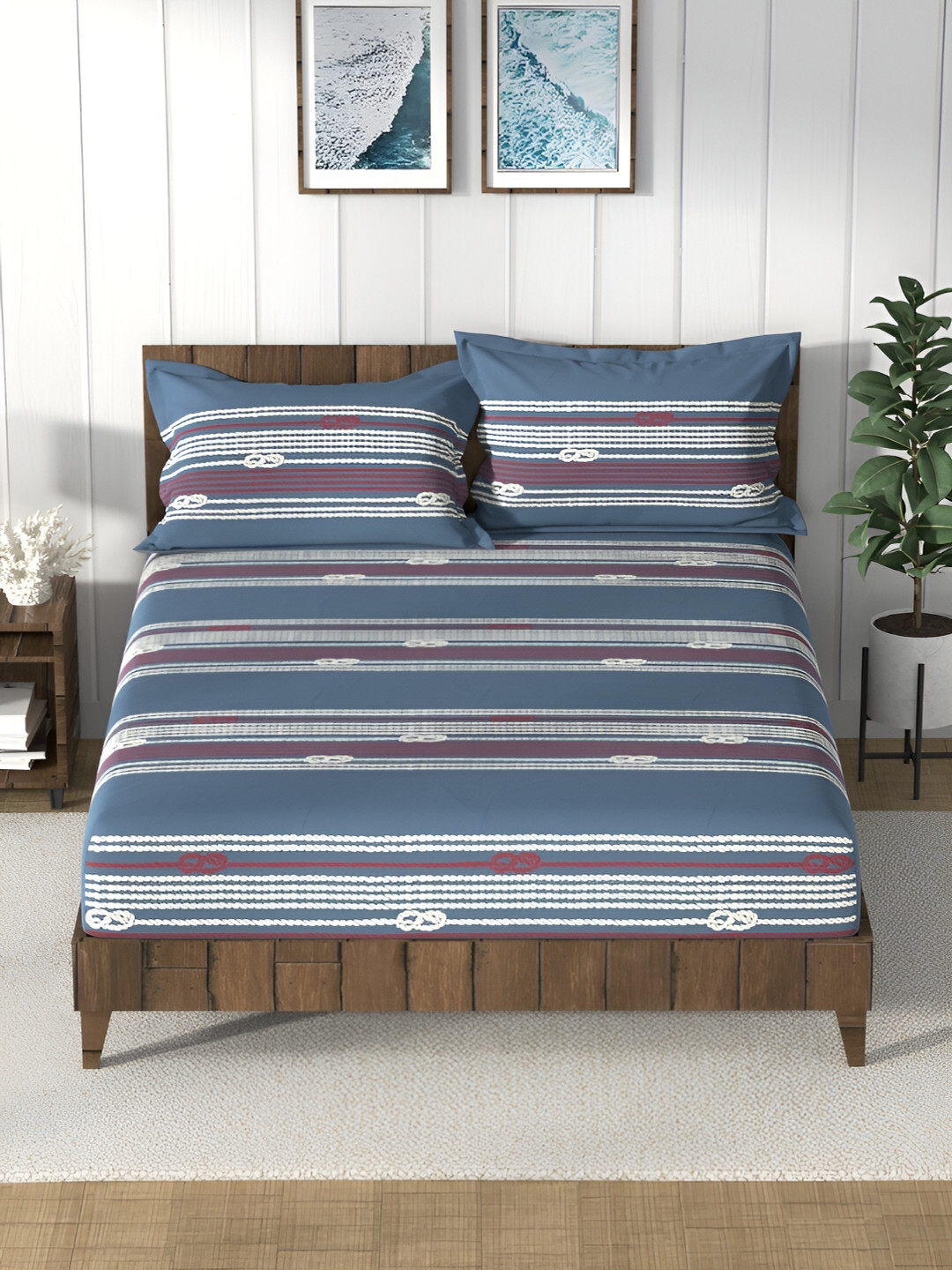 Nautica Bristol Blue Abstract Cotton 160 TC Queen Bedsheet with 2 Pillow Covers-90 x 108 inches