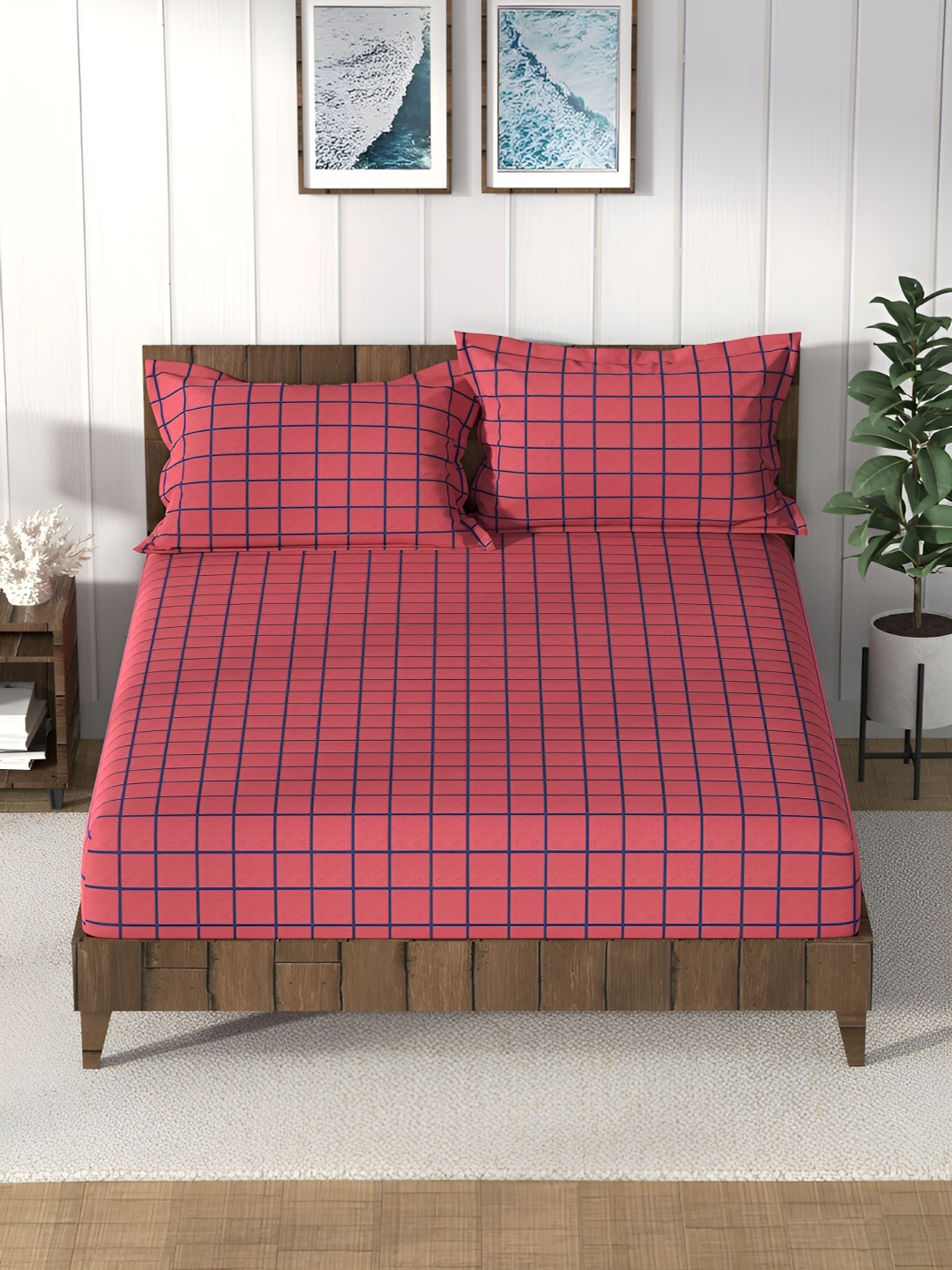 Nautica Red Geometric Pure Cotton 160 TC Queen Bedsheet with 2 Pillow Covers-229 x 274 cm