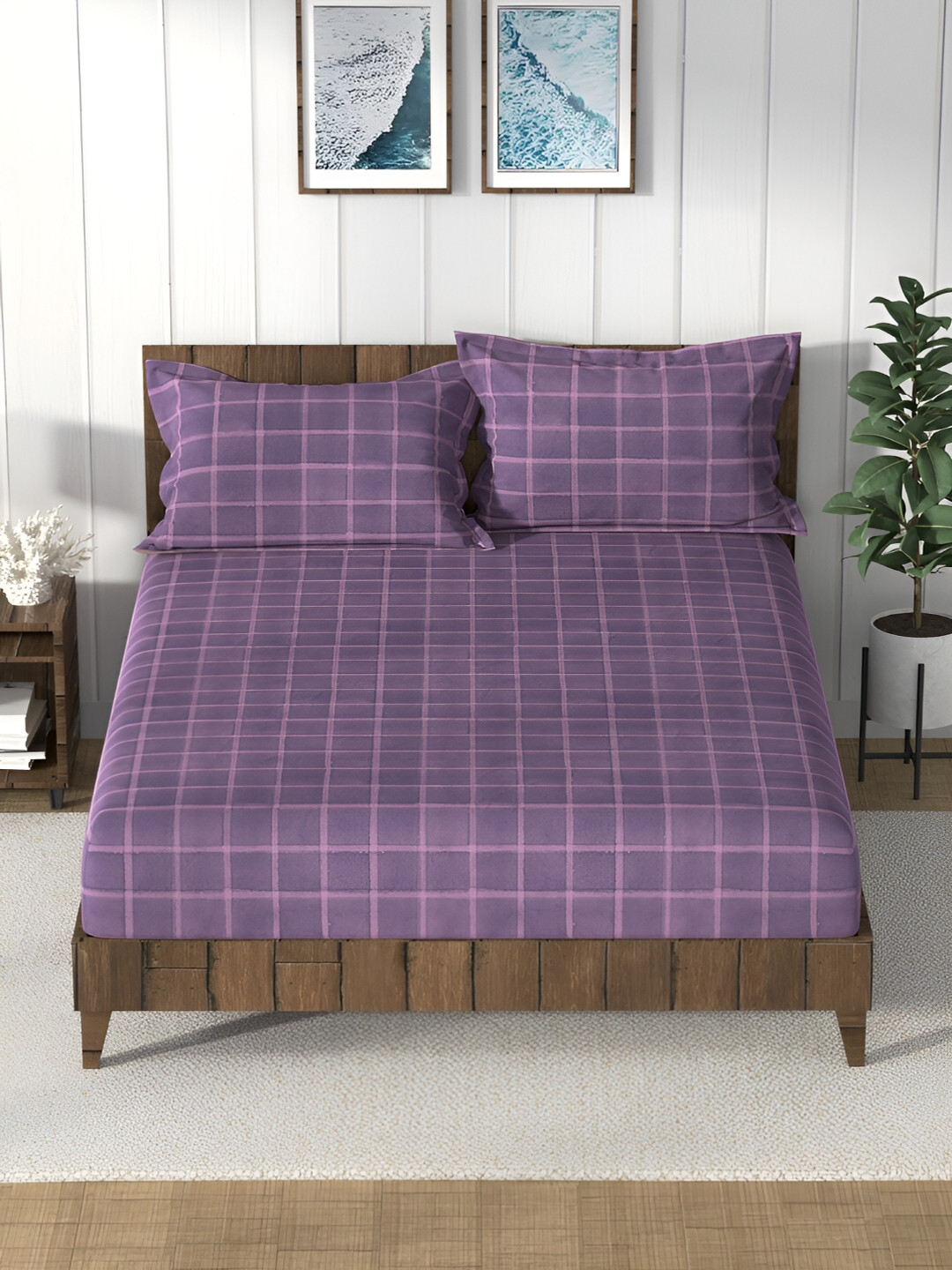 Nautica Bristol Purple Checked Cotton 160 TC Queen Bedsheet with 2 Pillow Covers-90 x 108 inches