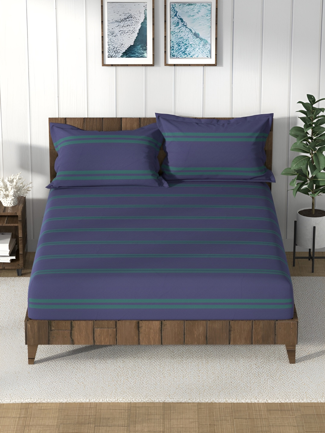 Nautica Bristol Blue Striped Pure Cotton 160 TC Queen Bedsheet with 2 Pillow Covers-90 x 108 inches