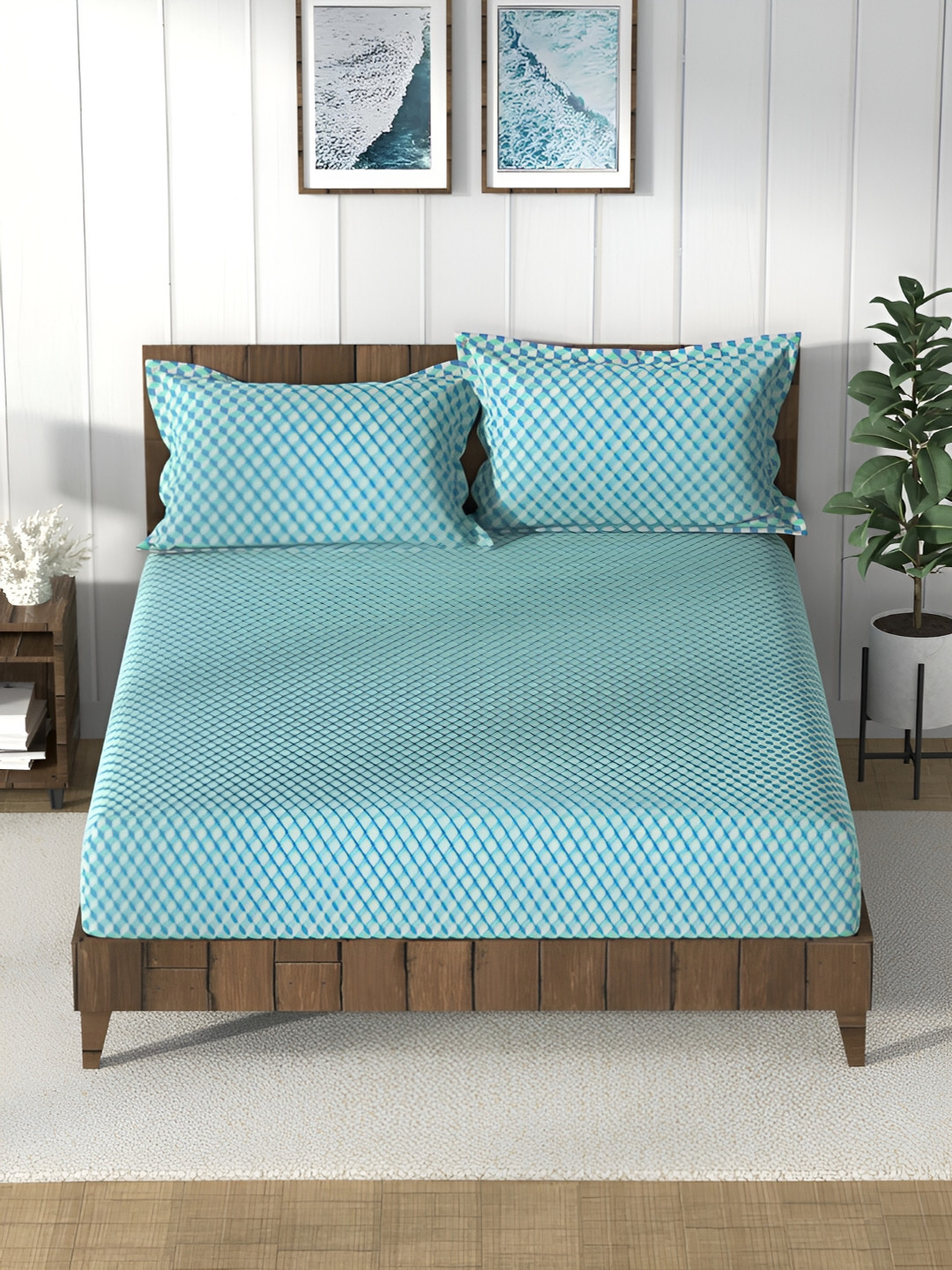 Nautica Blue Geometric Cotton 160 TC King Bedsheet with 2 Pillow Covers-90 x 108 inches