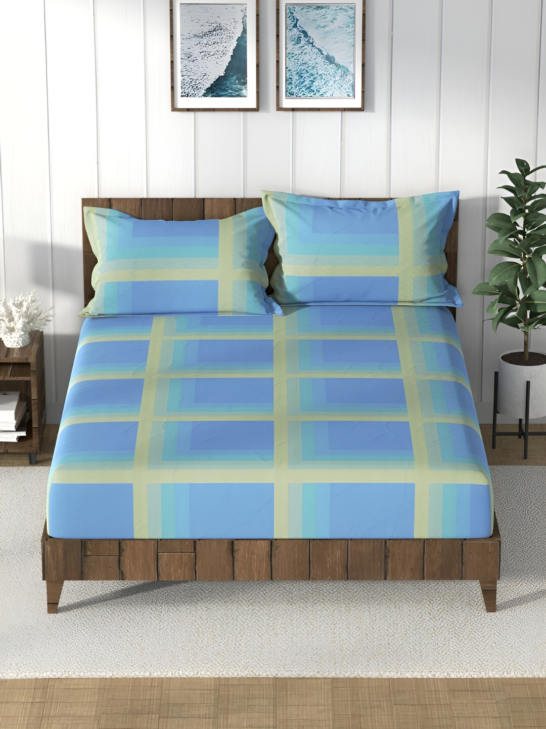 Nautica Bristol Blue Checked Pure Cotton 160 TC King Bedsheet with 2 Pillow Covers-90 x 108 inches