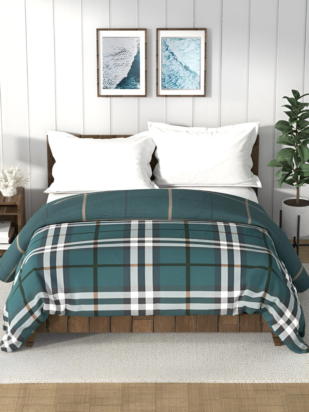 Nautica Bristol Green & White Checked AC Room 150 GSM Double Bed Comforter