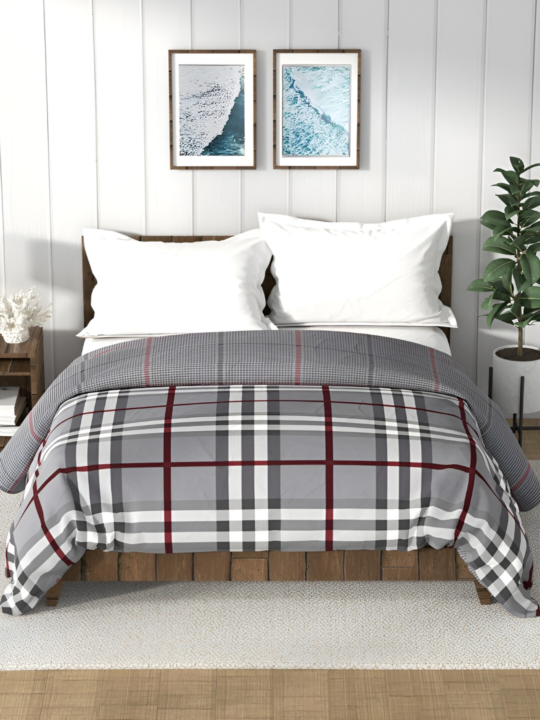 Nautica Bristol Grey & White Checked AC Room 150 GSM Double Bed Comforter
