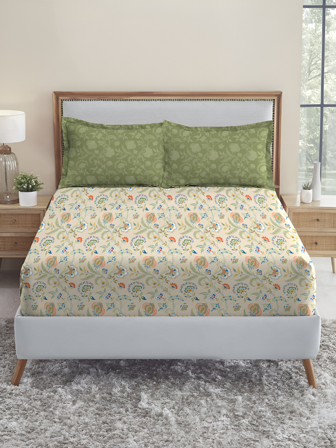 MYTRIDENT English Chintz Cream Floral Pure Cotton 210 TC King Fine Bedsheet with 2 Pillow Covers-108 x 108 inches