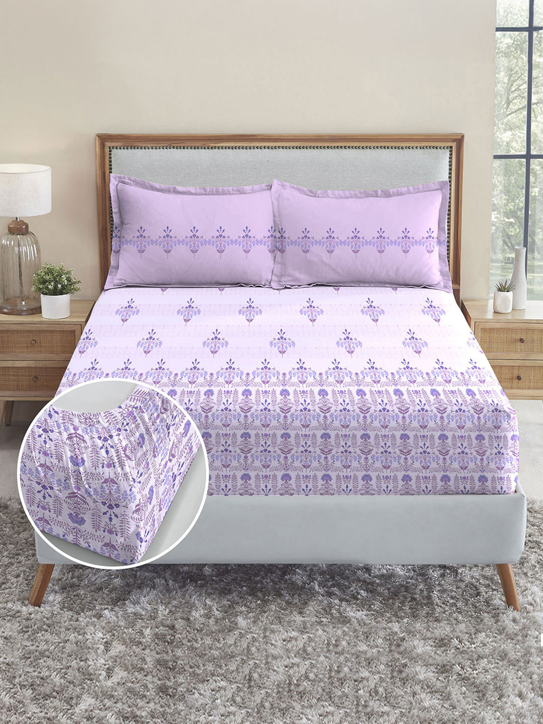 MYTRIDENT Royal Majestic Lavender Floral Pure Cotton 210 TC Fitted King Fine Bedsheet with 2 Pillow Covers-183 x 198 cm