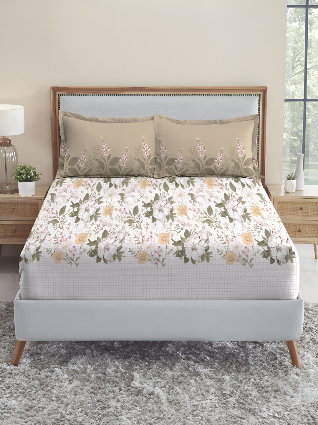 MYTRIDENT Backyard White Floral Pure Cotton 210 TC King Fine Bedsheet with 2 Pillow Covers-108 x 108 inches