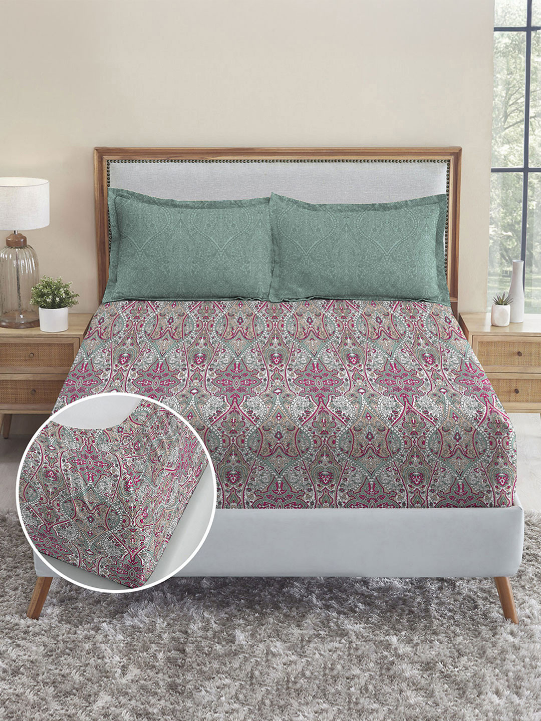 MYTRIDENT Victoria White Ethnic Motifs Pure Cotton 210 TC Fitted King Fine Bedsheet with 2 Pillow Covers-72 x 78 inches