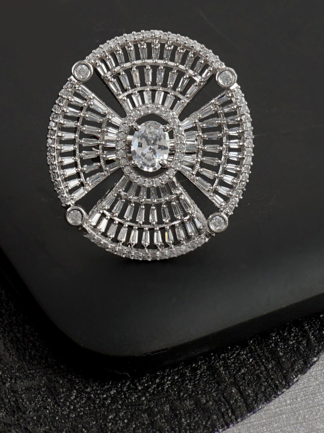 AURAA TRENDS Rhodium-Plated American Diamond-Studded Ring