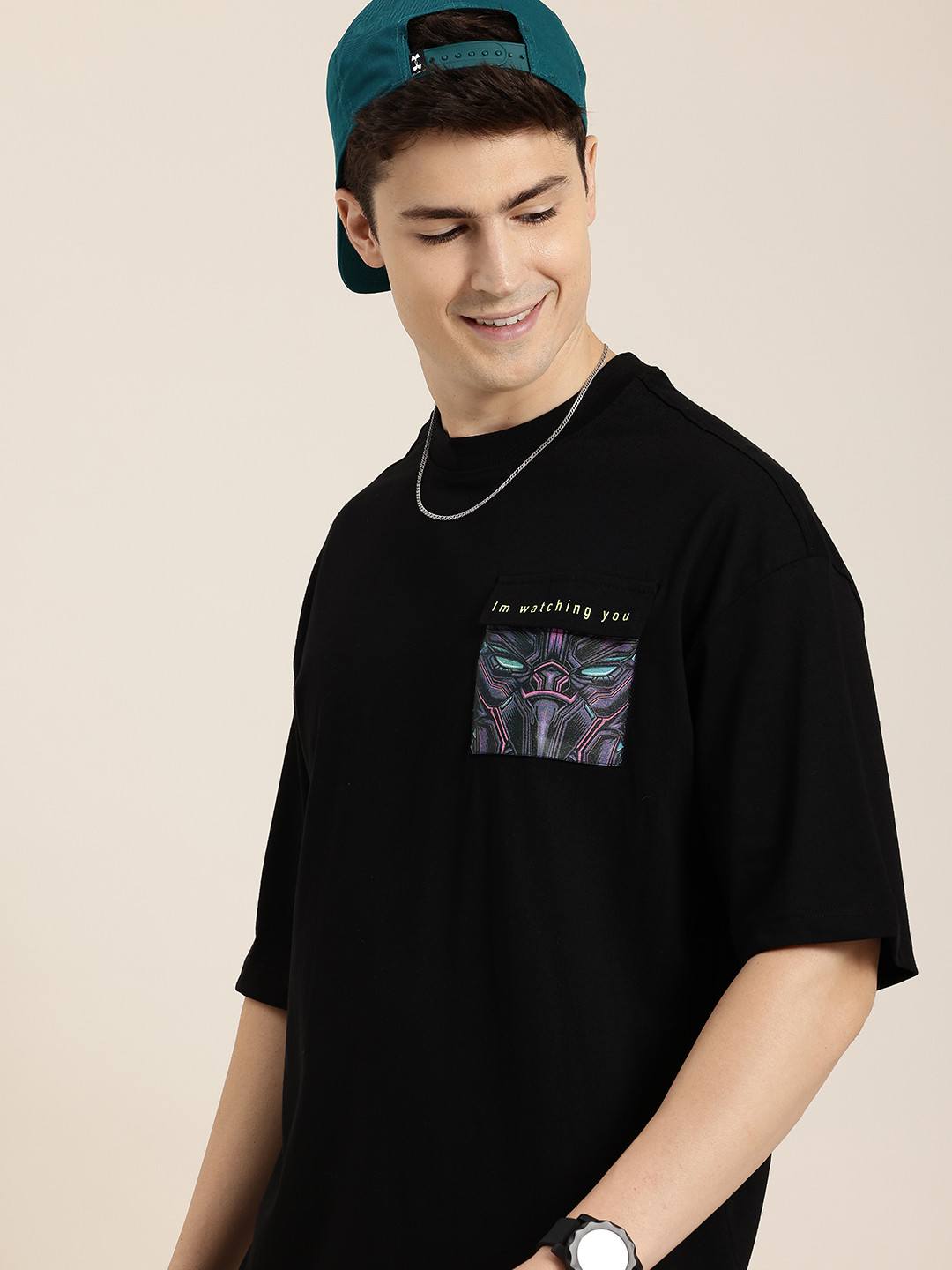 HERE&NOW Printed Chest Pocket Drop-Shoulder Sleeves Pure Cotton Oversized T-shirt