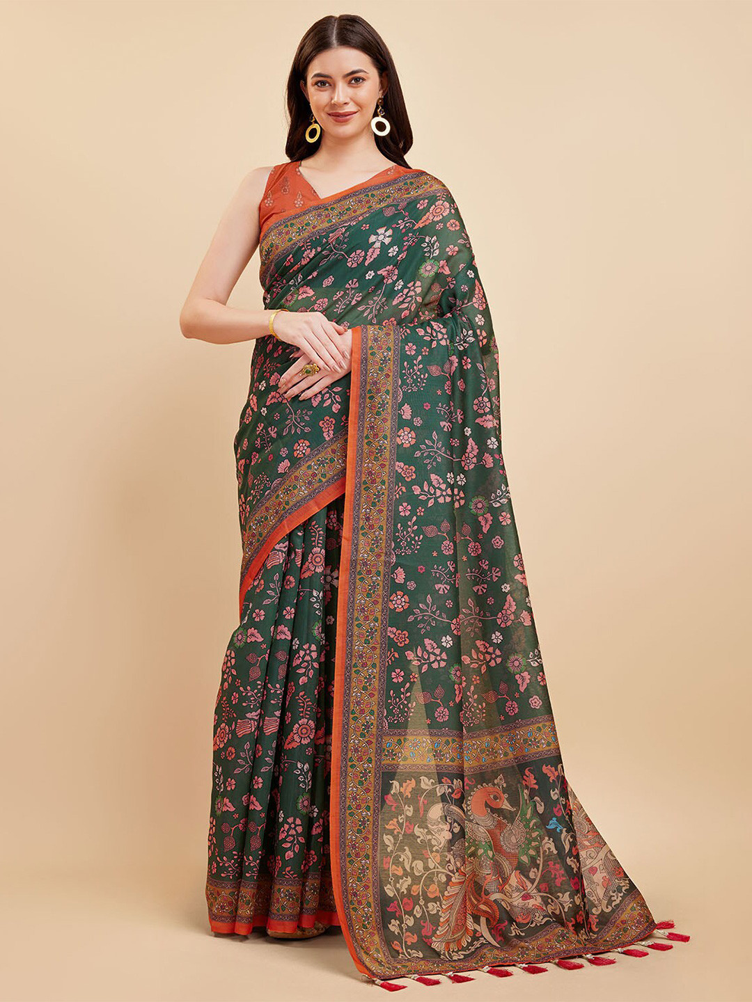 Tasarika Green Floral Printed Cotton Saree
