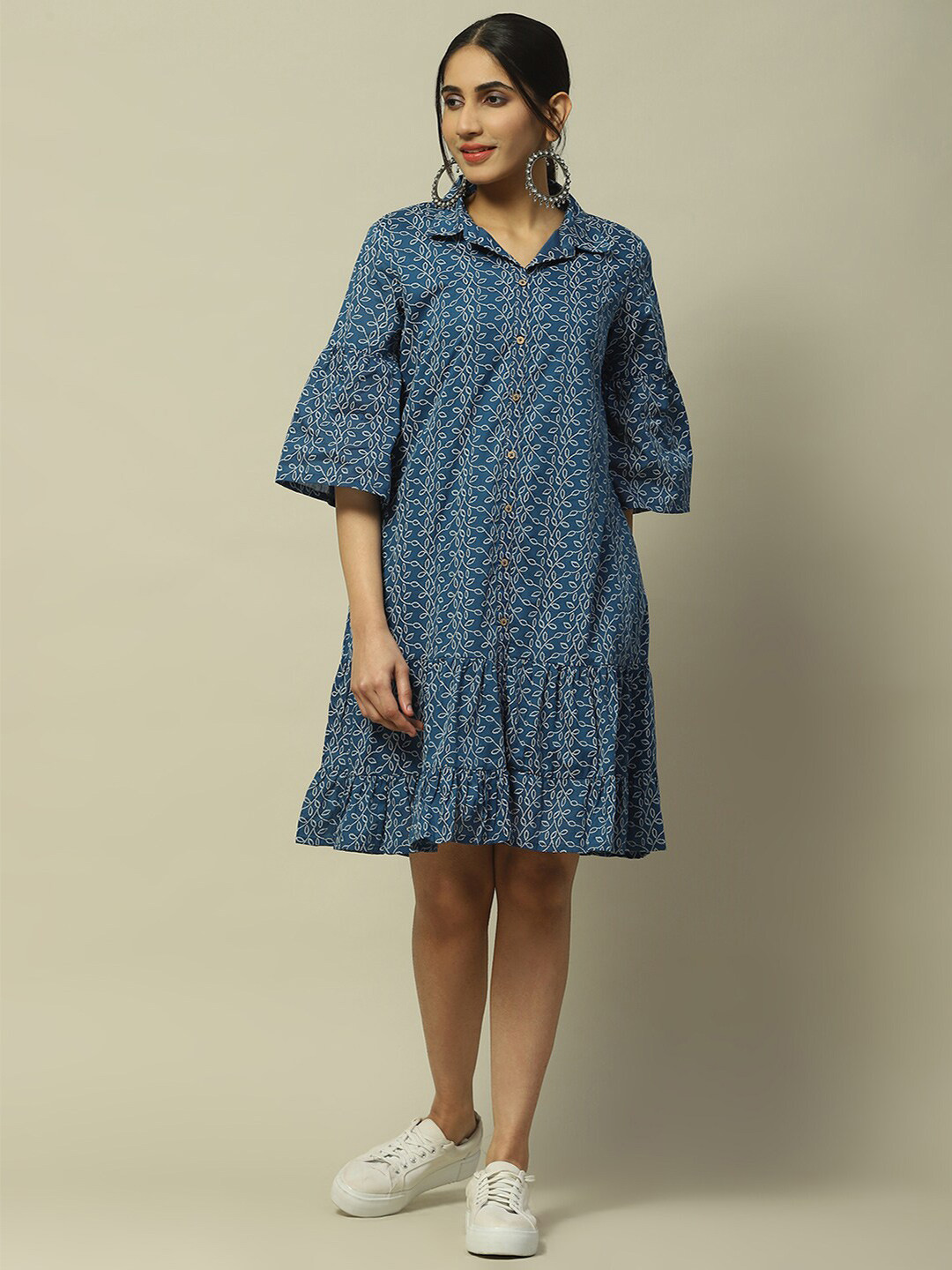 Rangriti Floral Printed Bell Sleeve Cotton A-Line Dress
