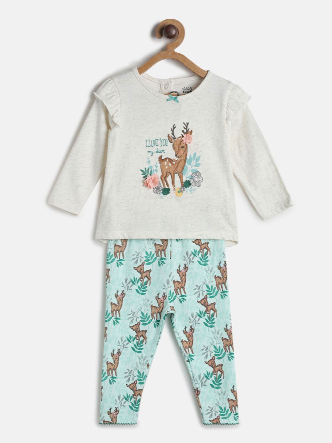 MINI KLUB Girls Pack Of 2 Graphic Printed Pure Cotton Top With Trousers