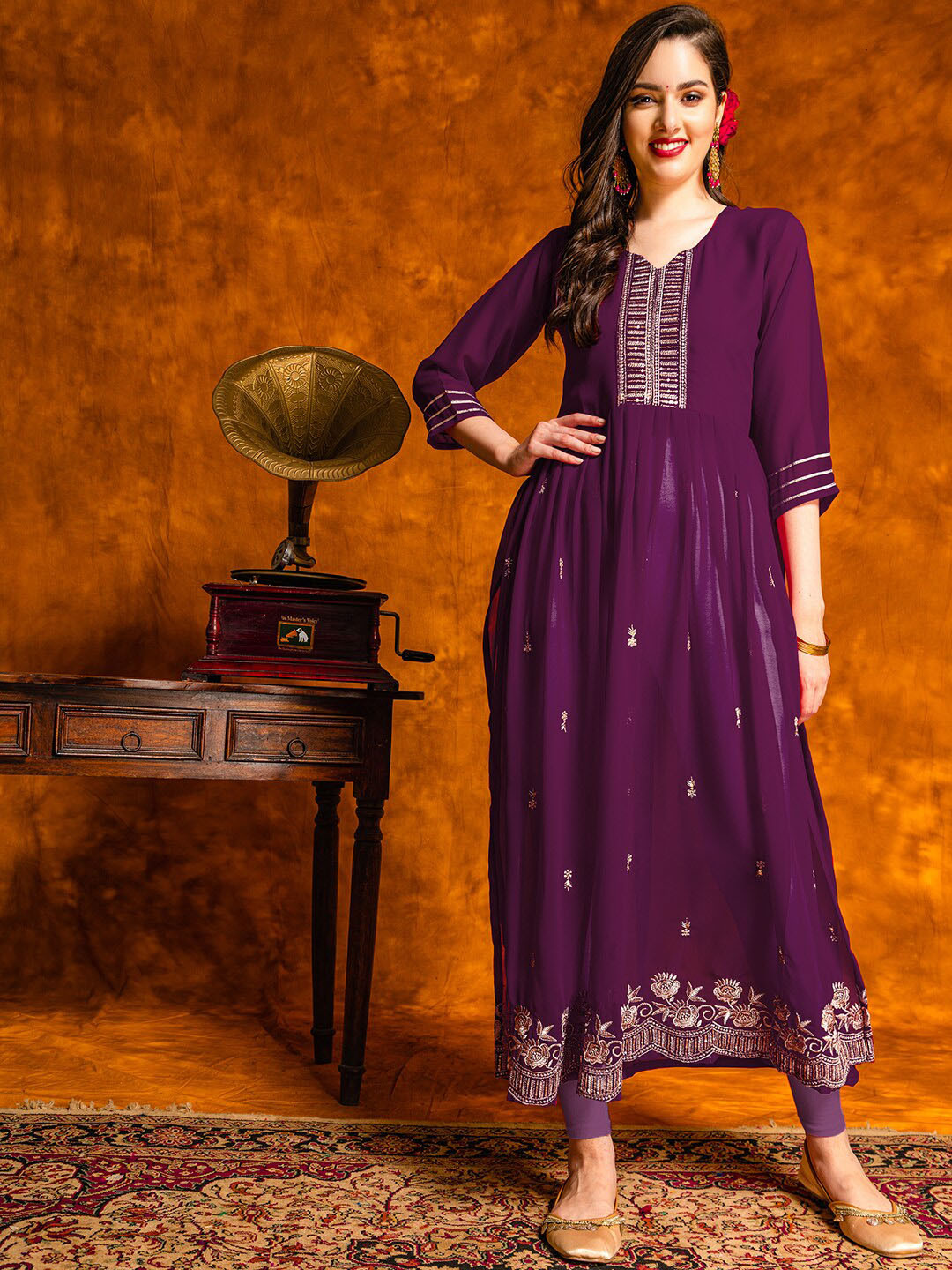 KALINI Ethnic Motifs Embroidered Thread Work Detailed A-Line Naira Cut Kurta with Trouser