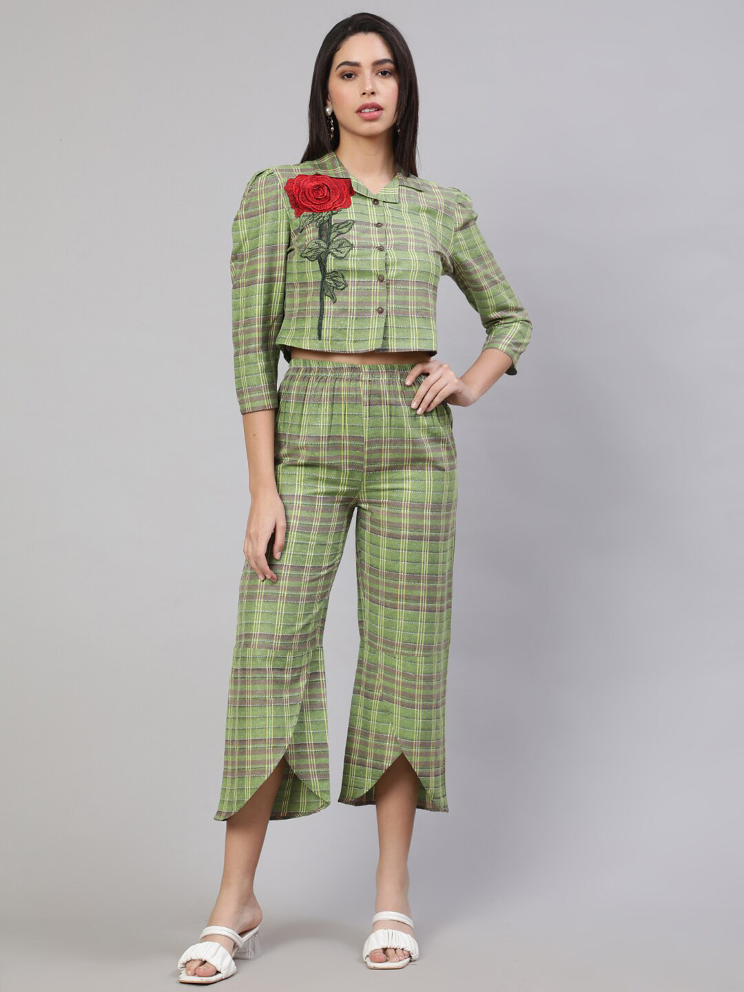AKIMIA Checked Rose Applique Pure Cotton Top With Trousers