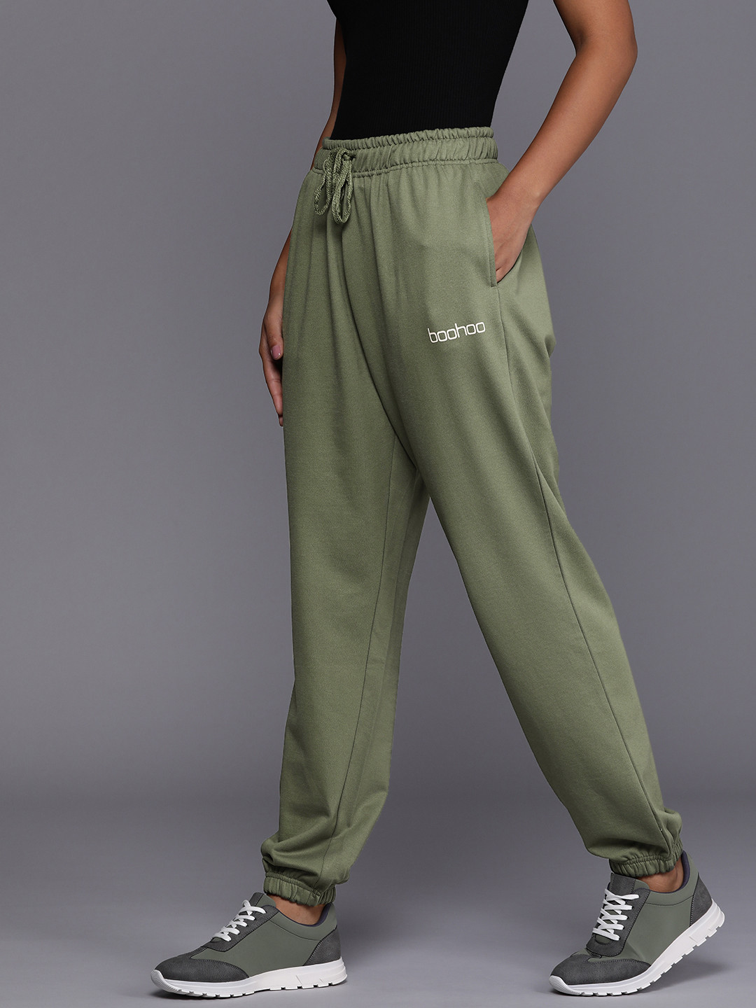 Boohoo Women Mid Rise Brand Logo Printed Joggers Track Pants