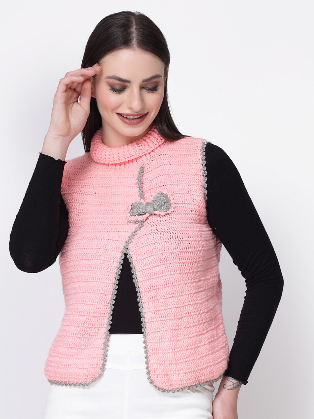 WINDROP SOLUTIONS Open Knit Self Design Turtle Neck Ribbed Acrylic Cardigan