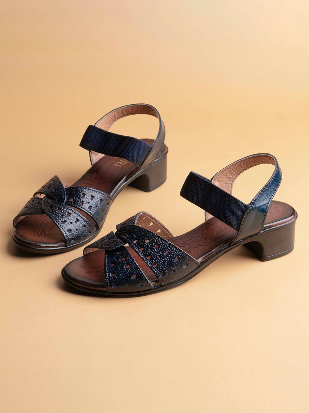 Ozuri Textured Leather Laser Cuts Open Toe Block Heels