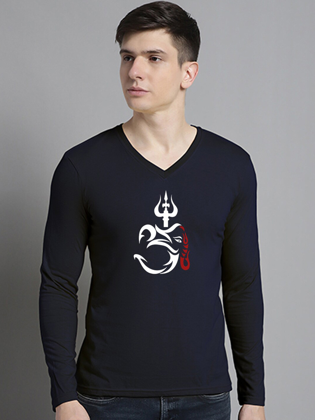 FBAR Om Trishul Ganesha Printed V-Neck Slim Fit Pure Cotton T-shirt