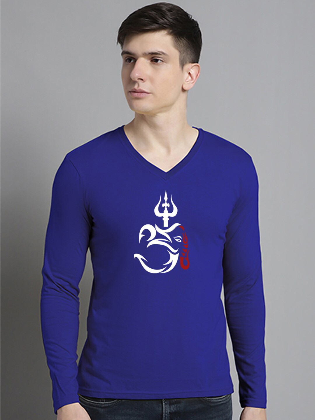 FBAR Om Trishul Ganesha Printed V-Neck Slim Fit T-shirt