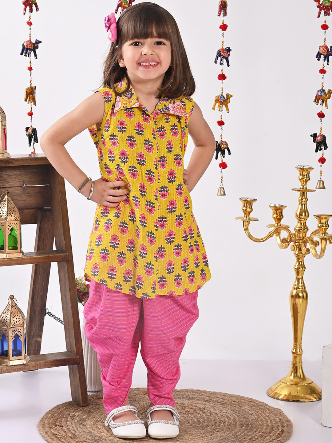 Sangria Girls Shirt Collar Sleeveless Floral Printed Pure Cotton Kurta with Dhoti Pant