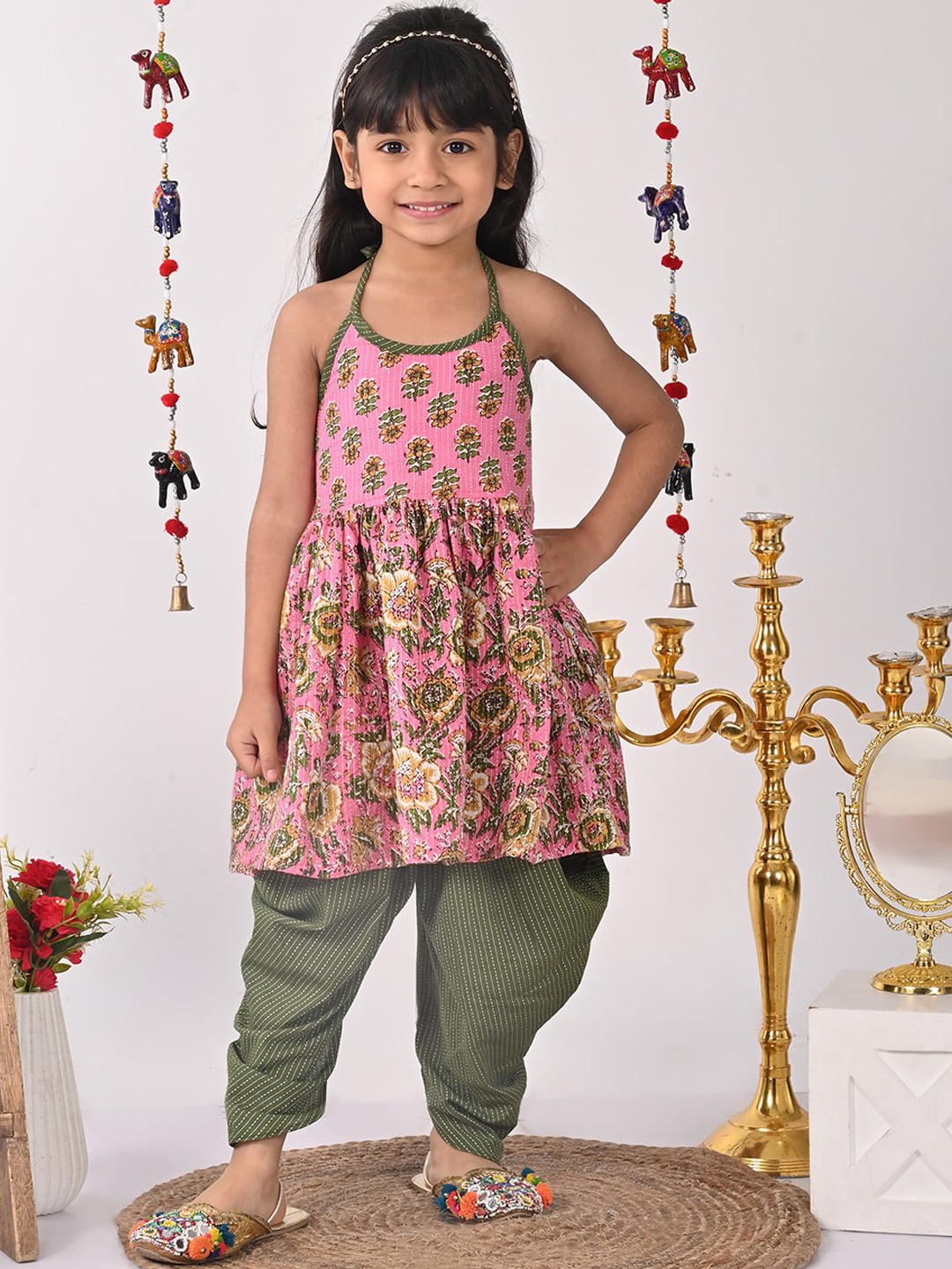 Sangria Girls Tie Up Floral Printed Pure Cotton A Line Kurta with Dhoti