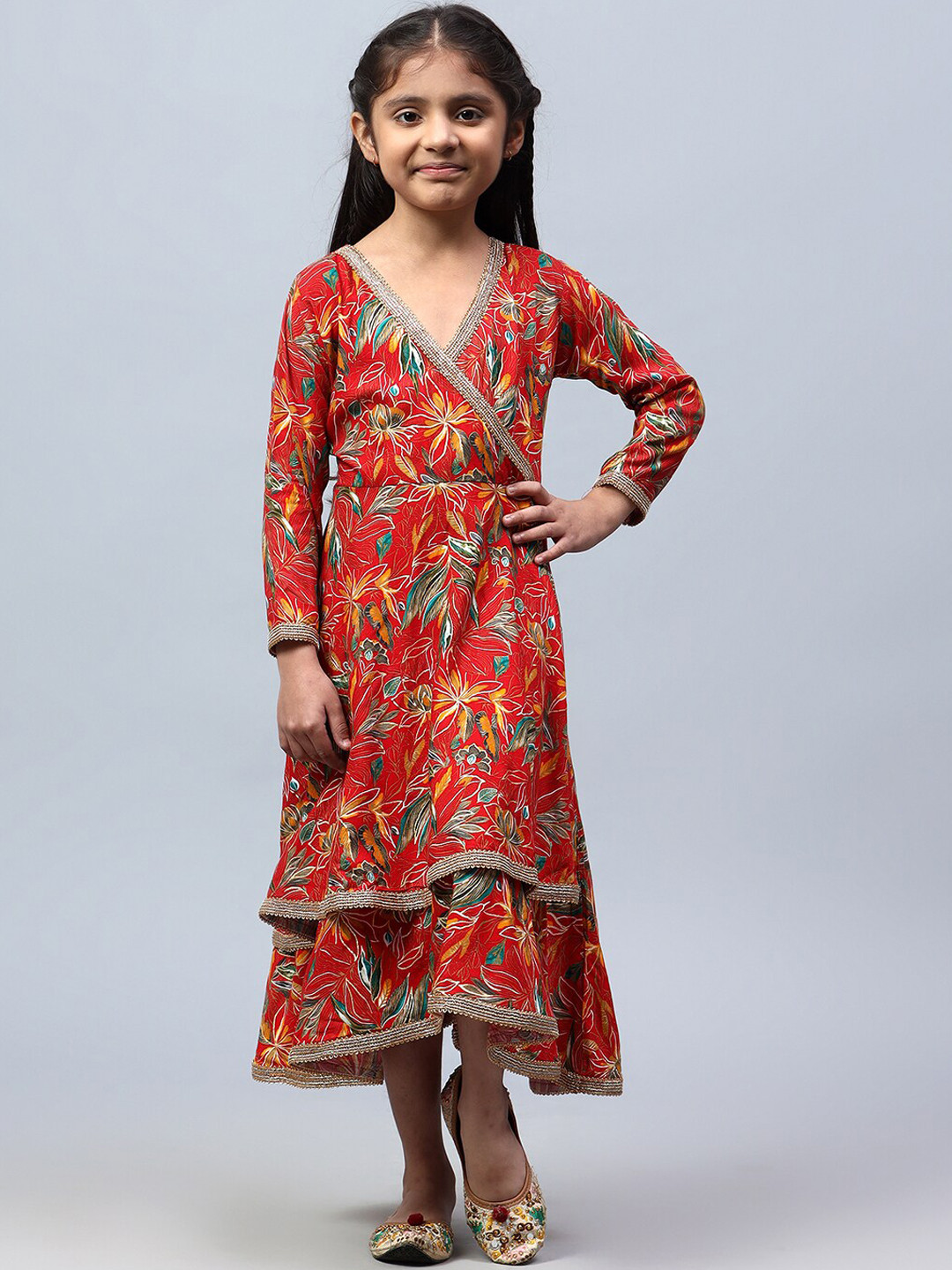 BAESD Girls Floral Print V-Neck Layered Fit & Flare Midi Ethnic Dress