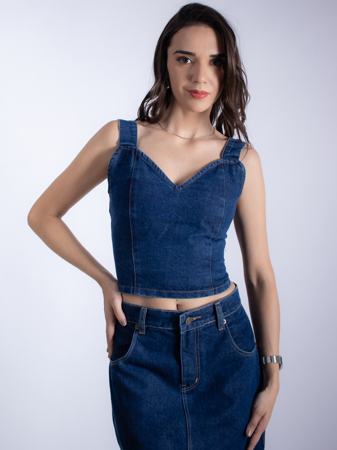 Stylecast X Hersheinbox Sweetheart Neck Denim Lace-Up Back Crop Top