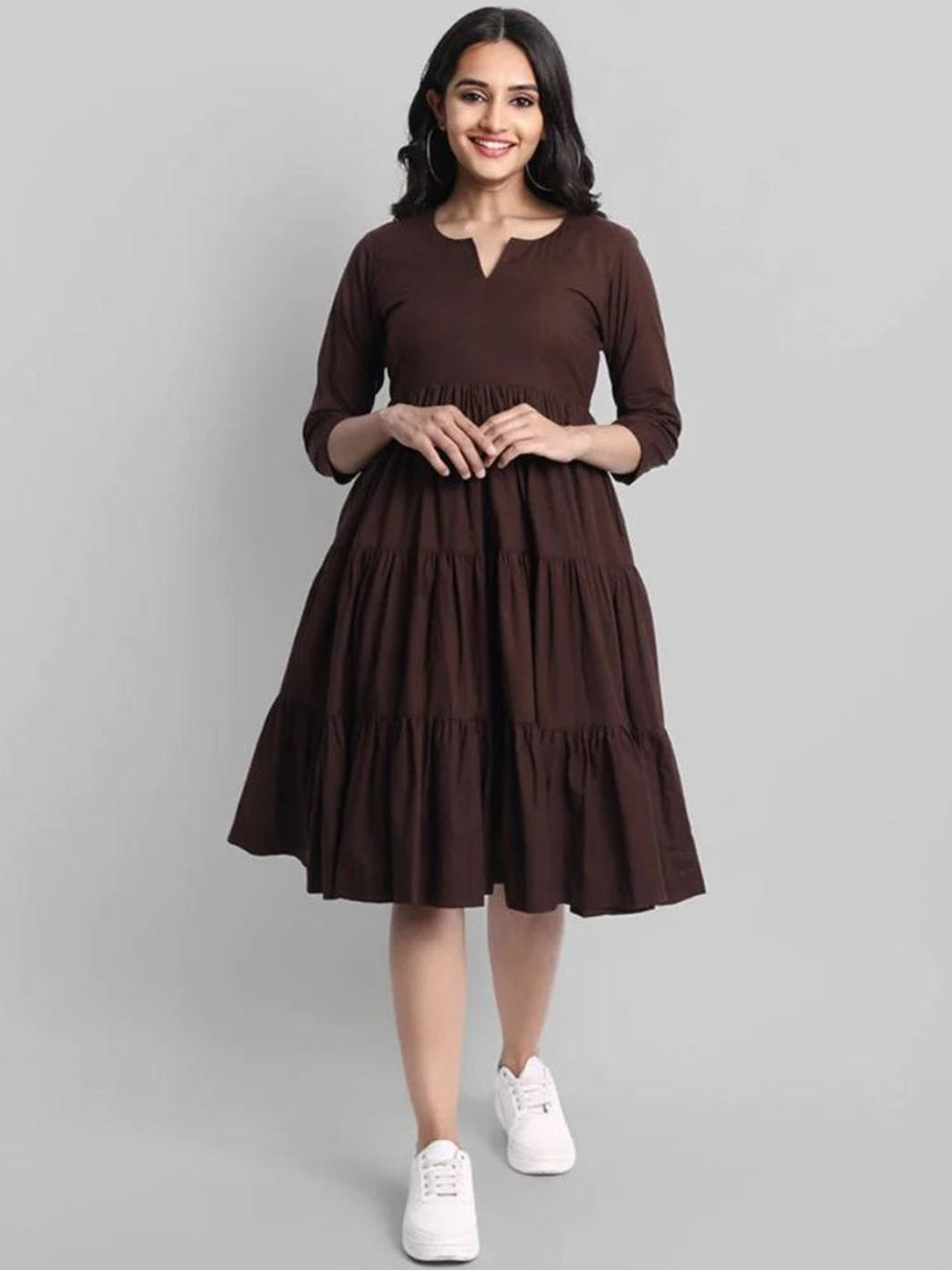 Mera Rang Gathered Detailed Tiered Cotton Fit & Flare Midi Dress
