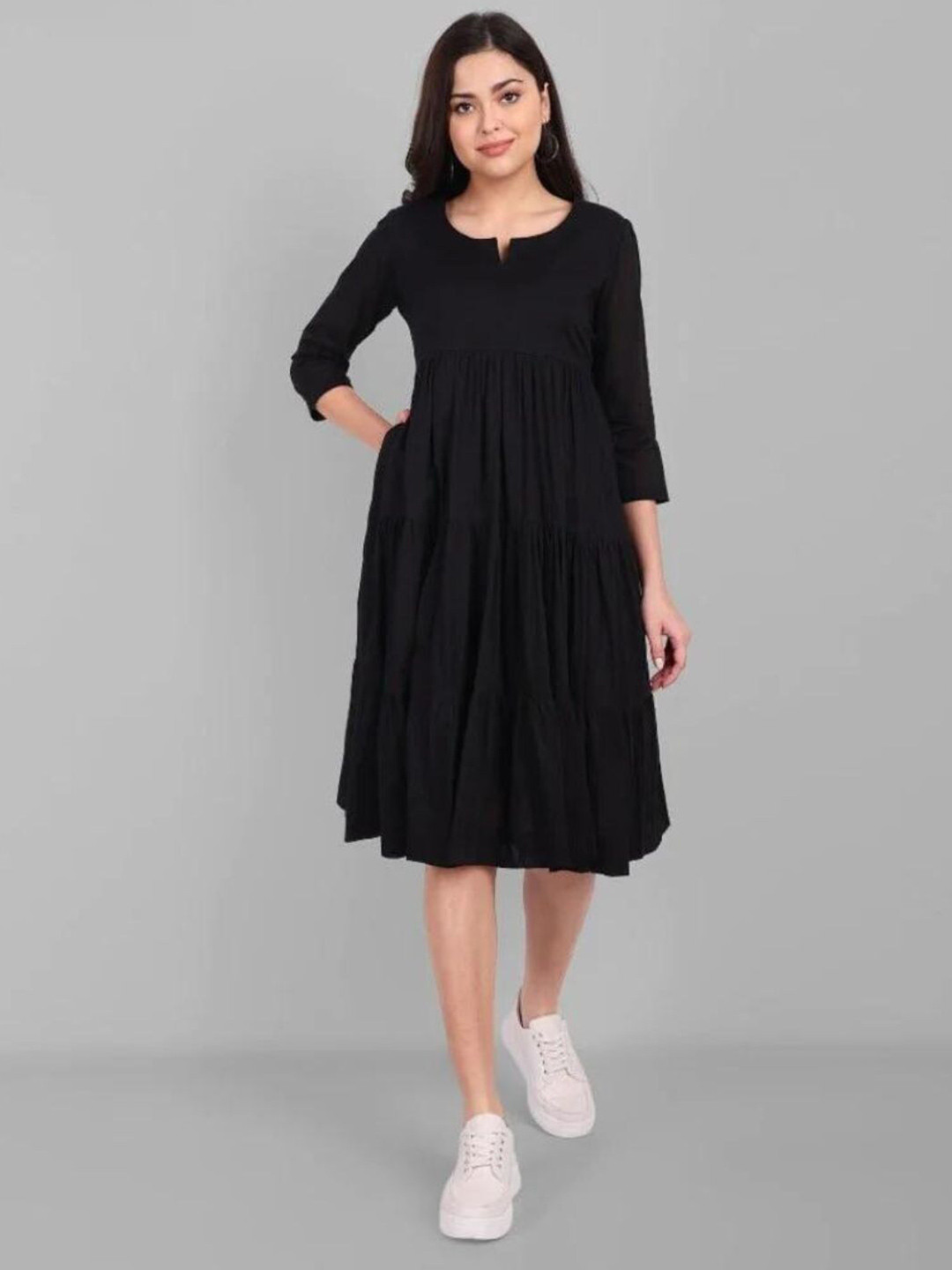 Mera Rang Gathered Detailed Tiered Cotton Fit & Flare Midi Dress