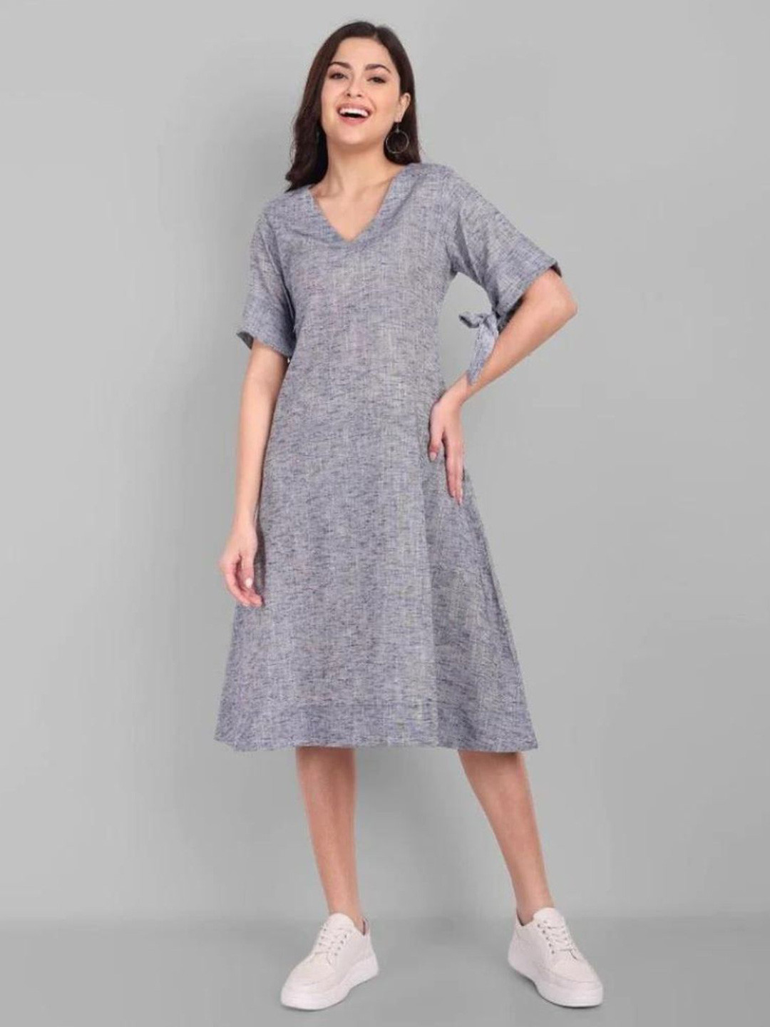 Mera Rang V-Neck Cotton A-Line Midi Dress