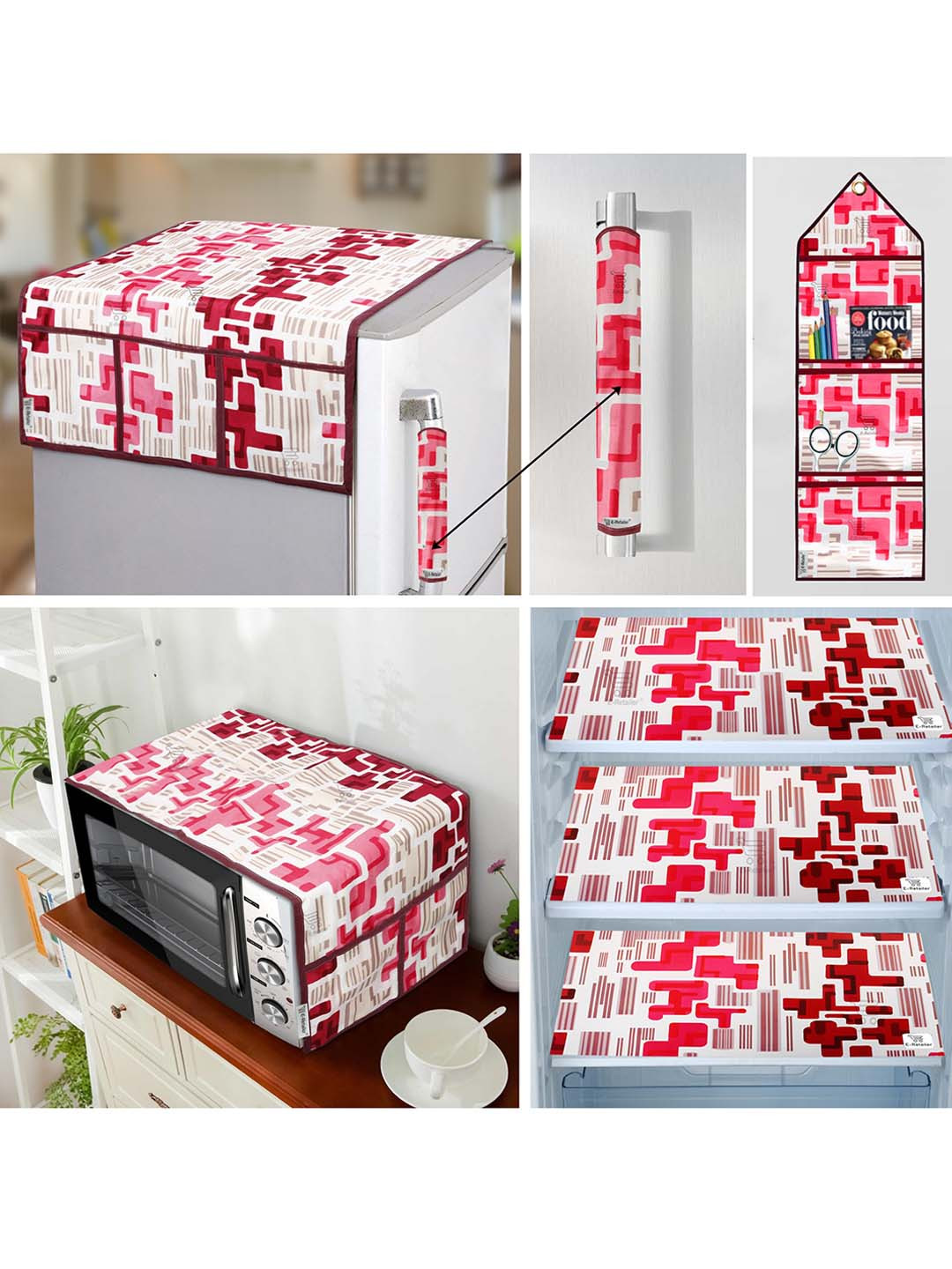 E-Retailer 7 Pieces Red Printed Fridge & Oven Cover with Wall Hanging Storage Organiser