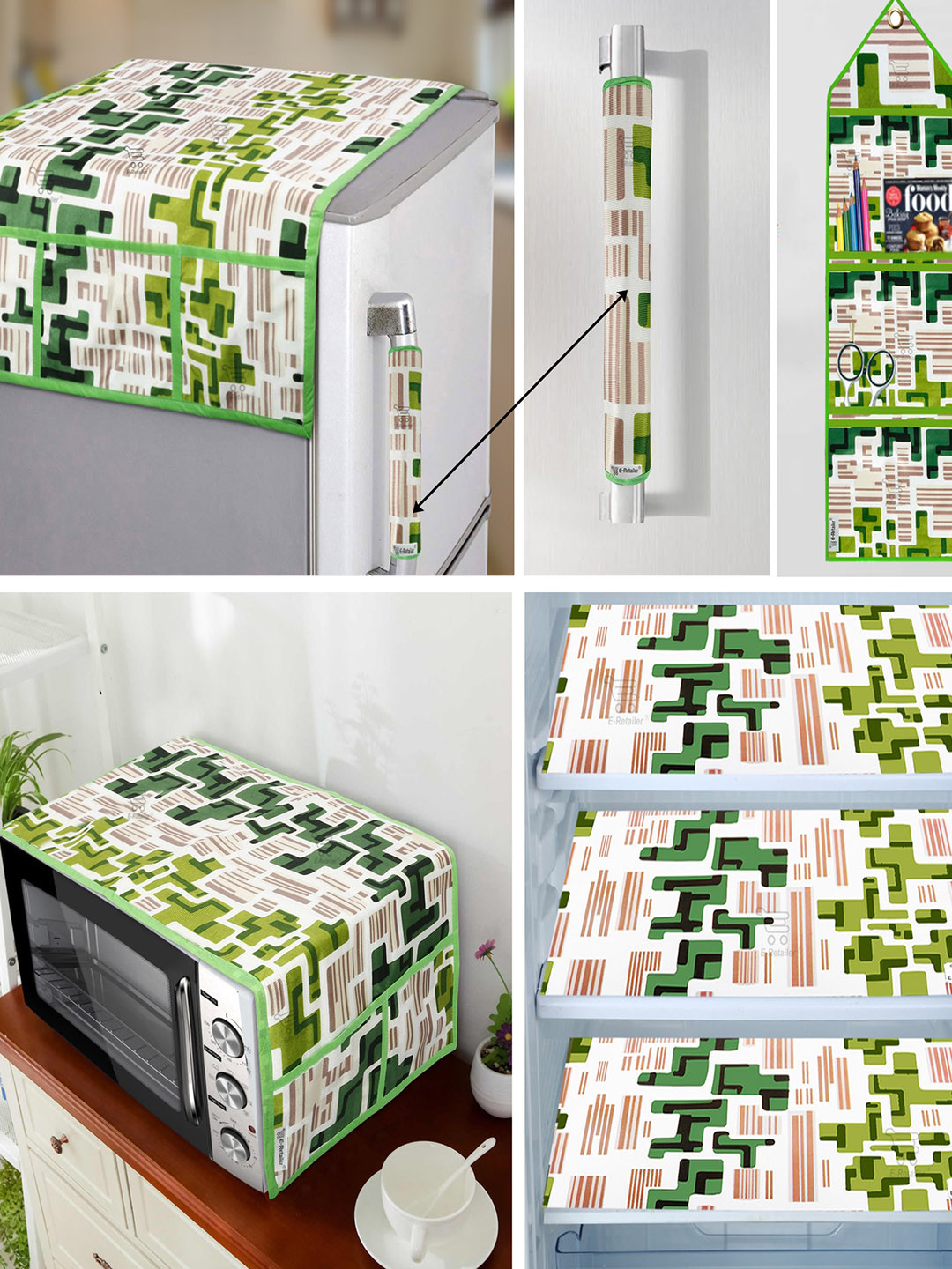E-Retailer Green & Beige 7 Pieces Geometric Printed Appliances Cover Combo Set