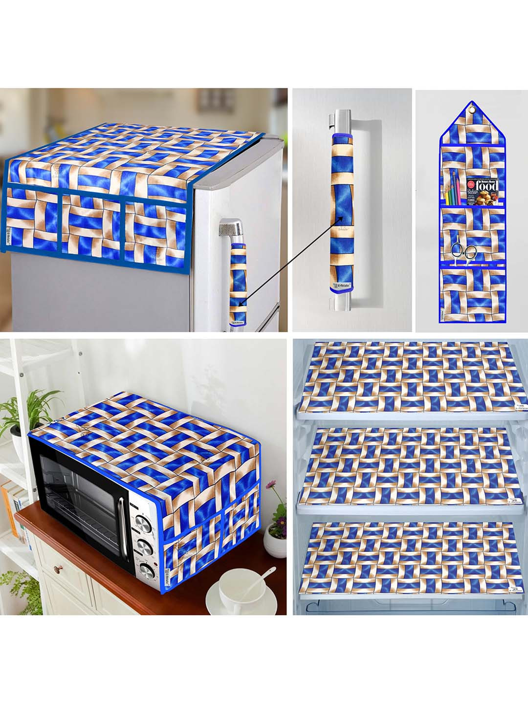 E-Retailer 7 Pieces Blue Geometric Printed  Fridge Oven & Fridge Mats Appliance Cover Set