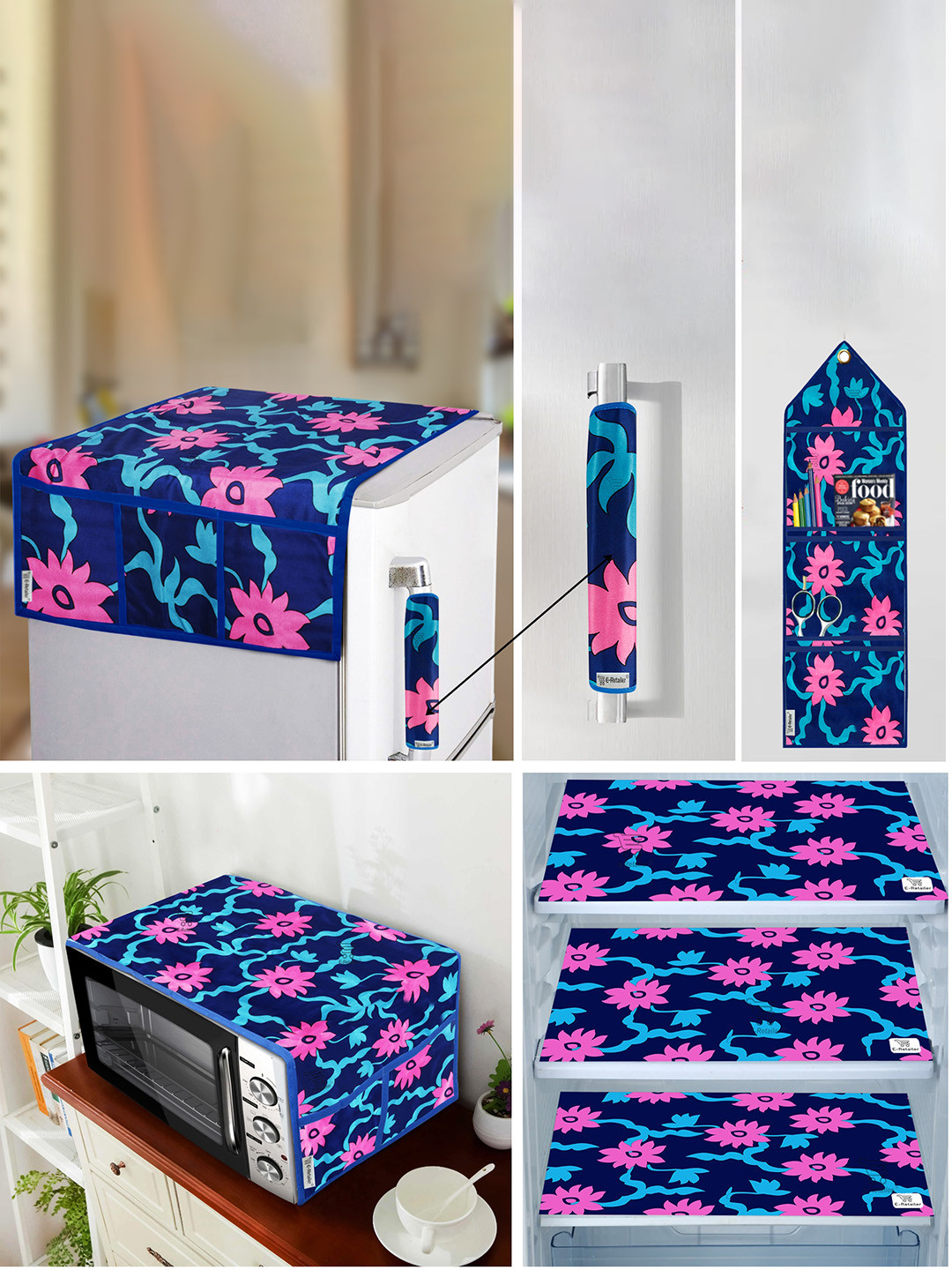 E-Retailer Blue & Pink 7 Pieces Floral Printed Appliances Cover Combo Set