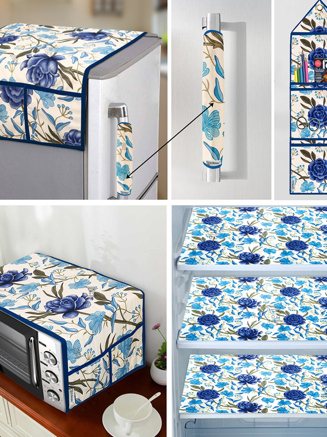 E-Retailer 7 Pcs Blue & Green Floral Printed Fridge Oven & Fridge Mat Appliance Covers