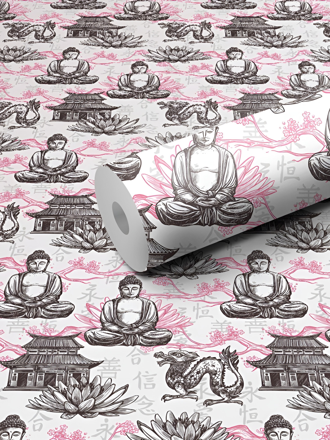 WALLWEAR Grey & Pink Buddha-patterned Self-Adhesive Wallpaper