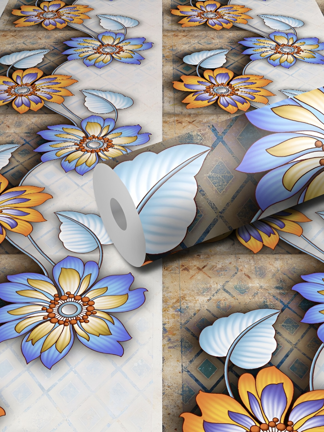 WALLWEAR Grey & Blue Printed Self Adhesive Removable Wallpaper