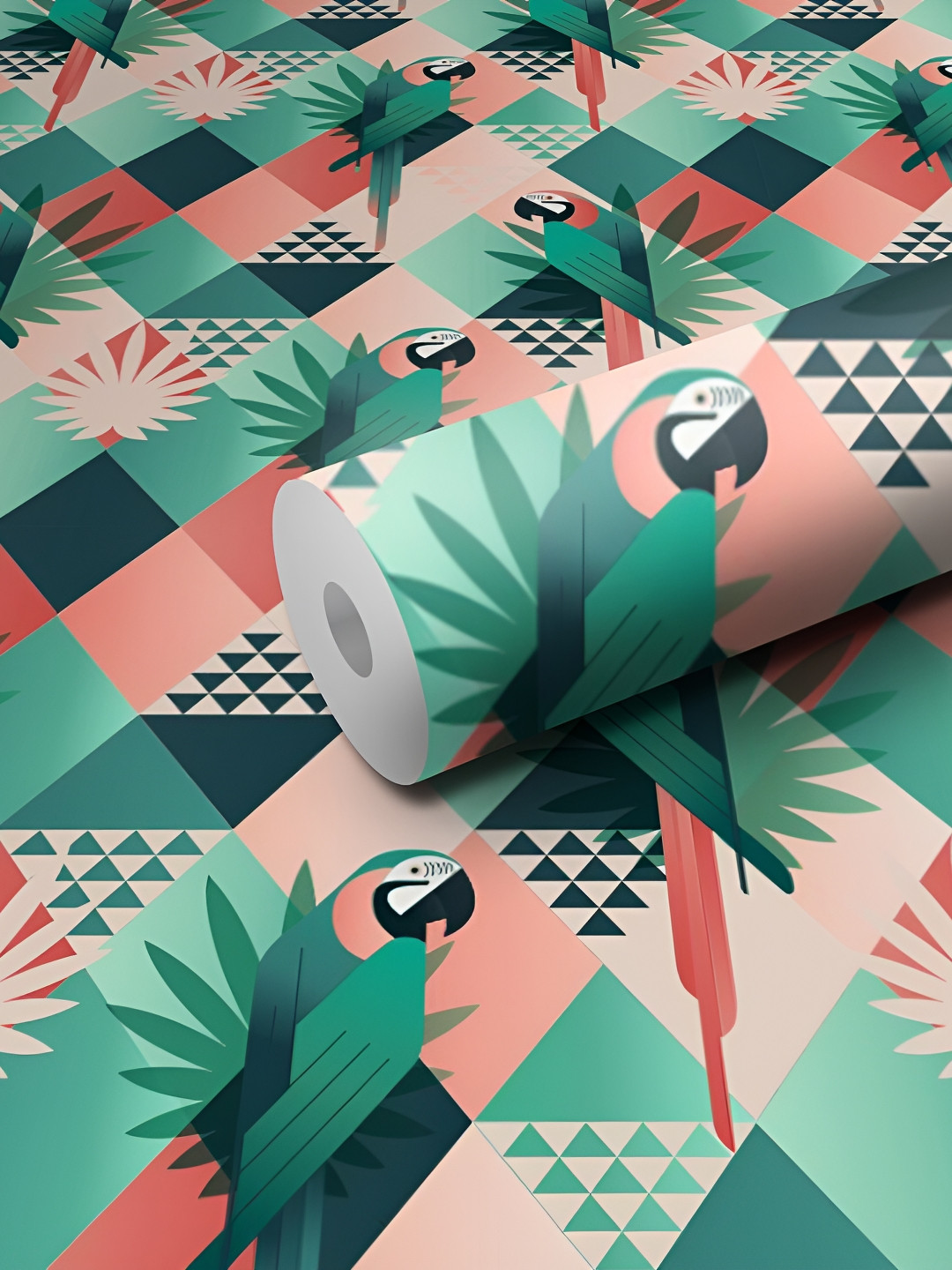 WALLWEAR Green & Peach-colored Parrot-patterned Self-Adhesive Wallpaper
