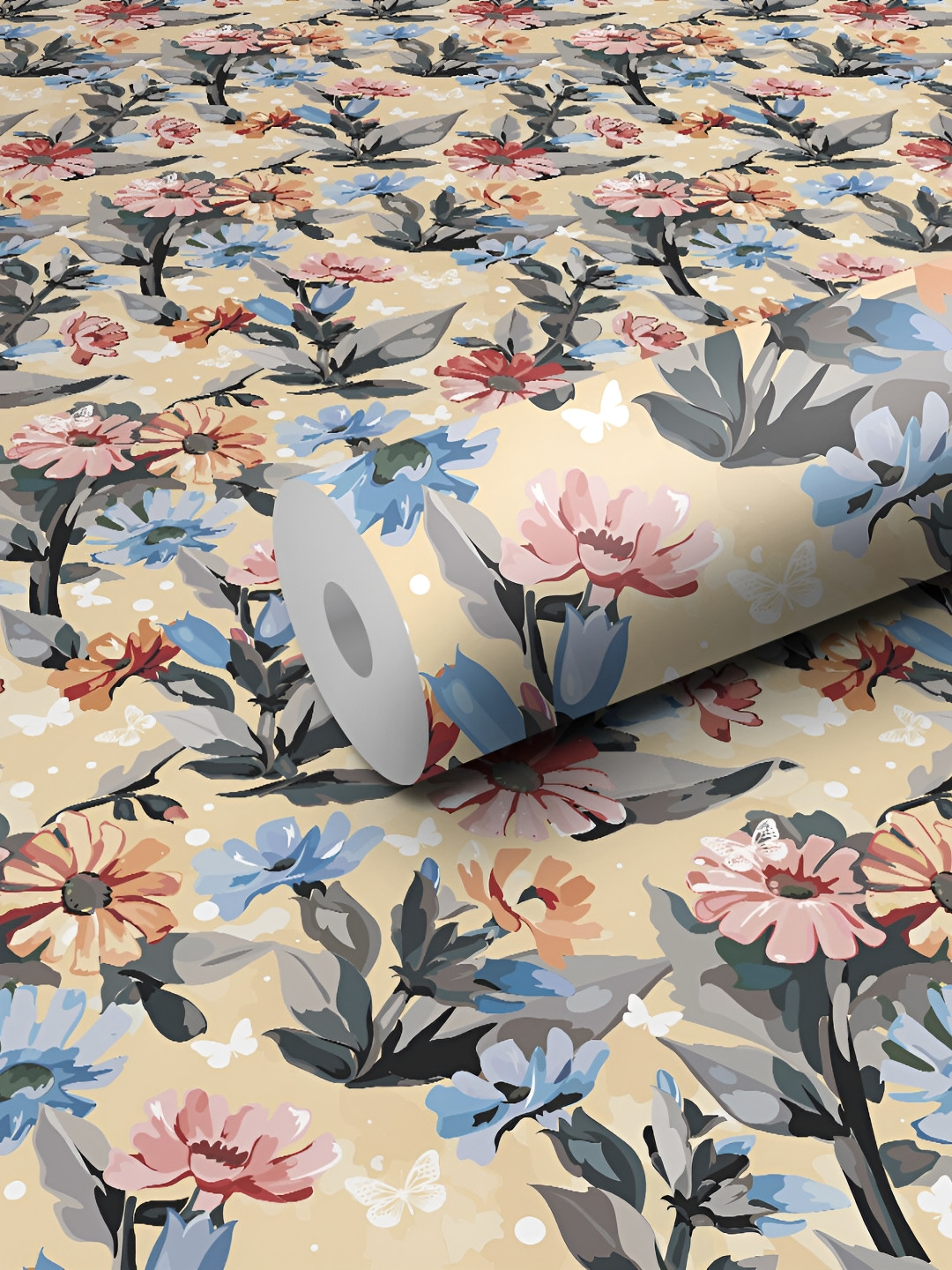 WALLWEAR Beige & Grey Floral Printed Wall Sticker