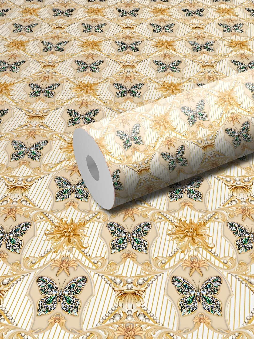 WALLWEAR Green & Beige Butterfly-patterned Self-Adhesive Wallpaper