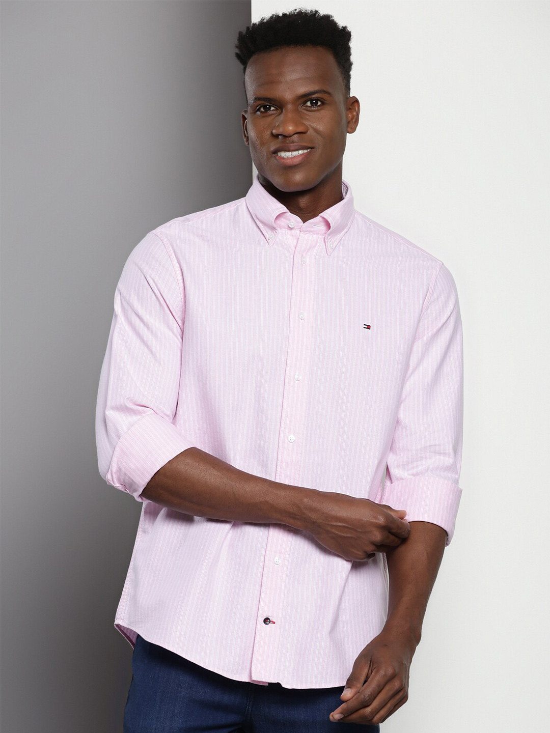 Tommy Hilfiger Vertical Striped Button-Down Collar Pure Cotton Casual Shirt