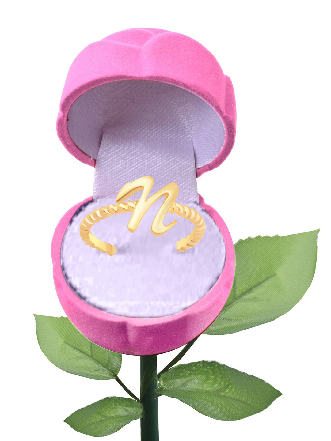 Vighnaharta Gold-Plated N Letter Design Finger Ring With Rose Box