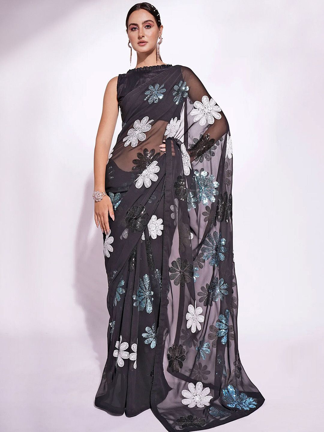 Peachmode Floral Embellished Sequinned Pure Georgette Saree