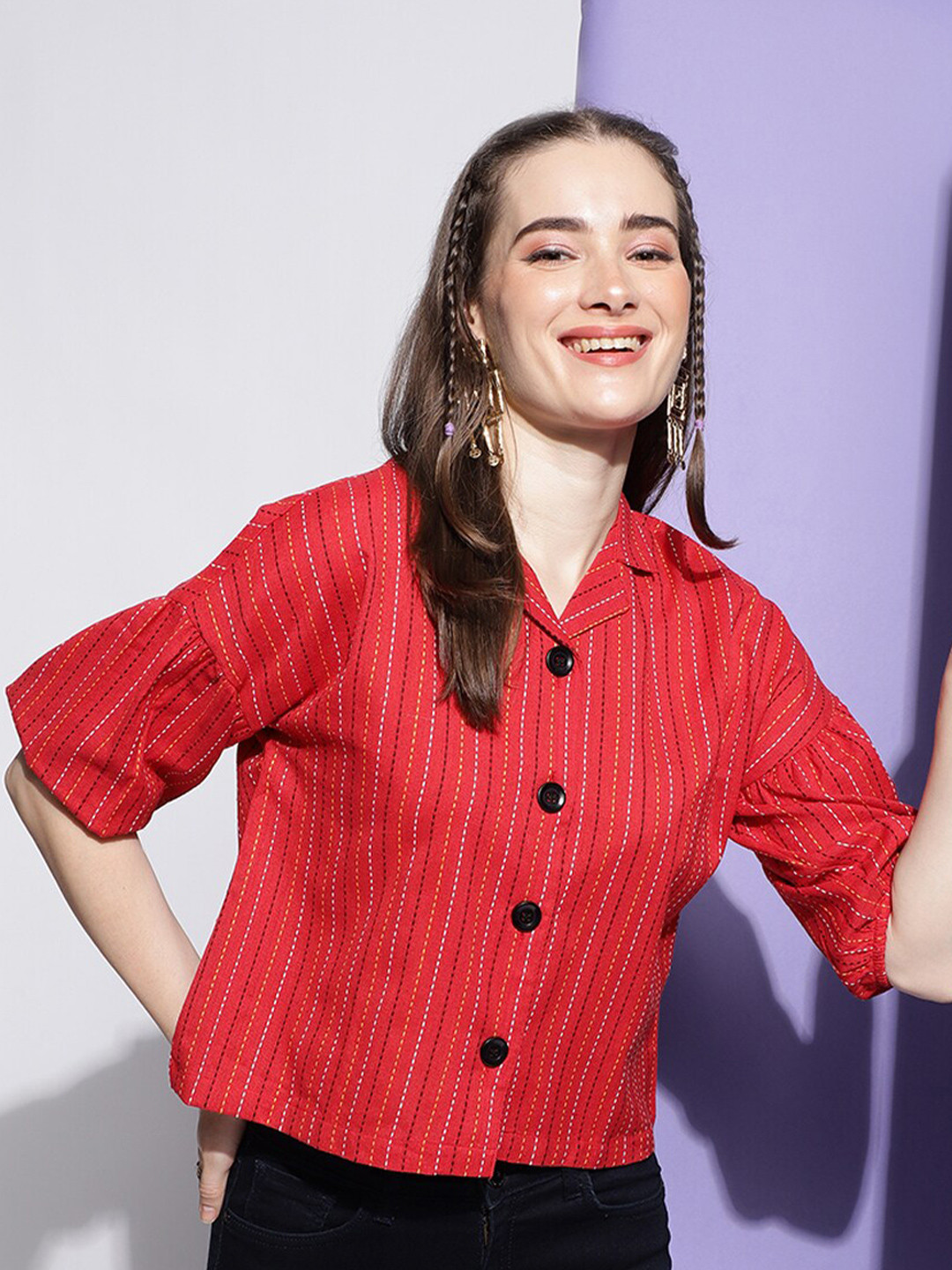 DressBerry Red Striped Puff Sleeve Cotton Shirt Style Top