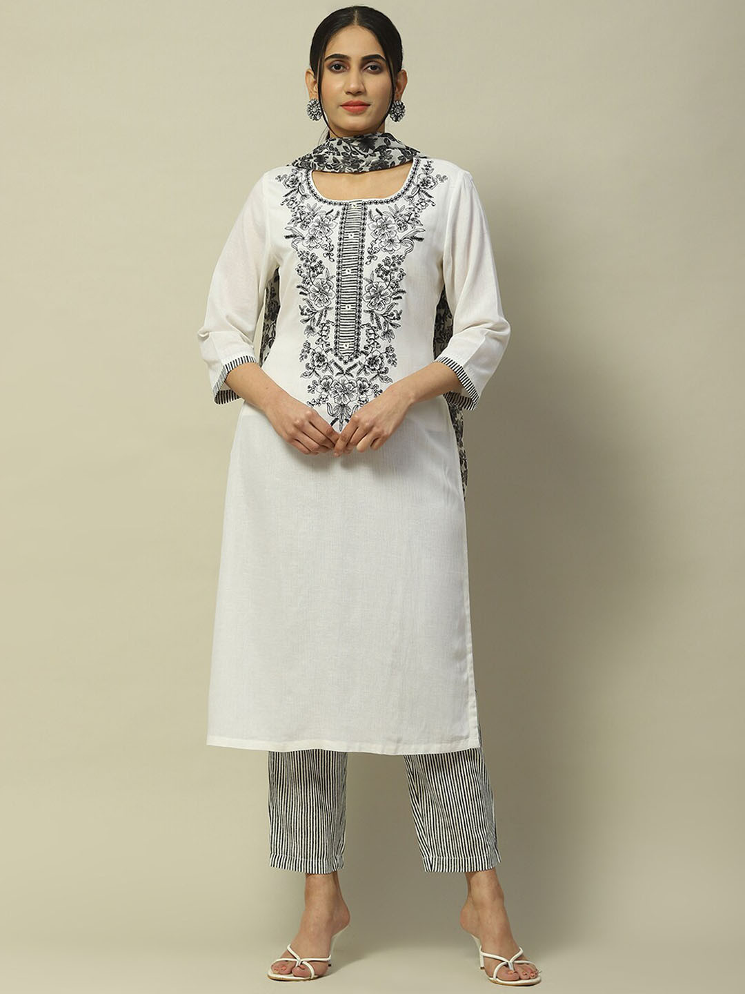 Rangriti Yoke Design Embroidered Round Neck Straight Kurta With Trousers & Dupatta