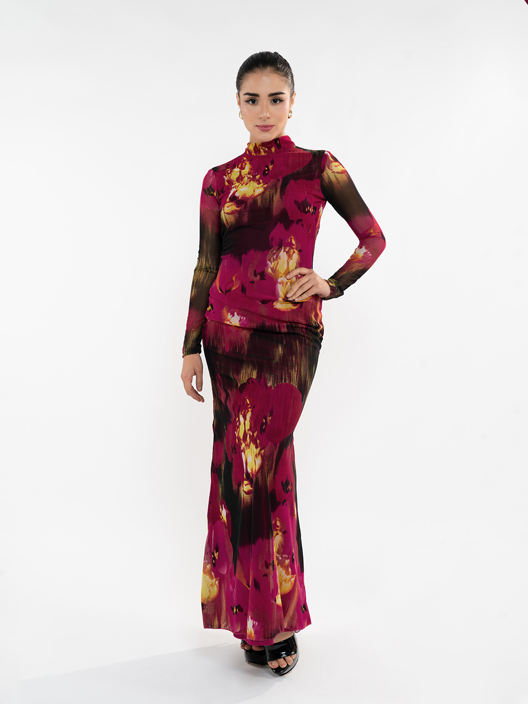 Stylecast X Hersheinbox Printed Mesh Cut-Out Back Bodycon Maxi Dress