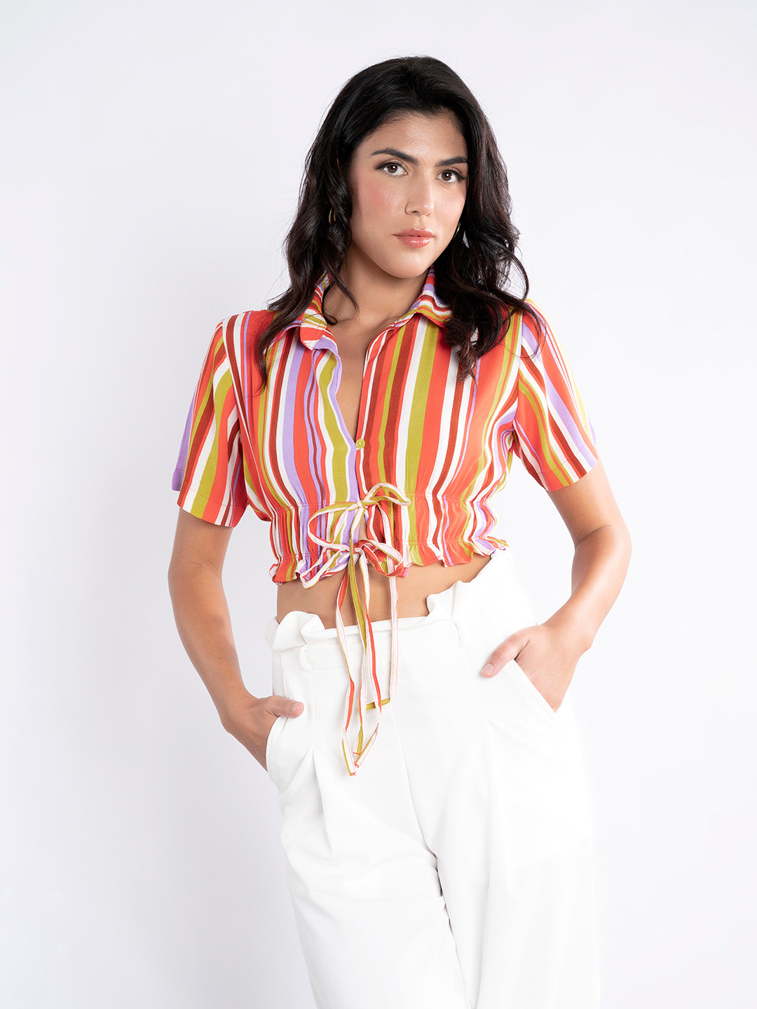 Stylecast X Hersheinbox Striped Shirt Style Crop Top